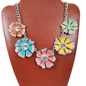Bold & Colorful 16.5" Silver Tone Crystal Floral Statement Necklace  JN1467